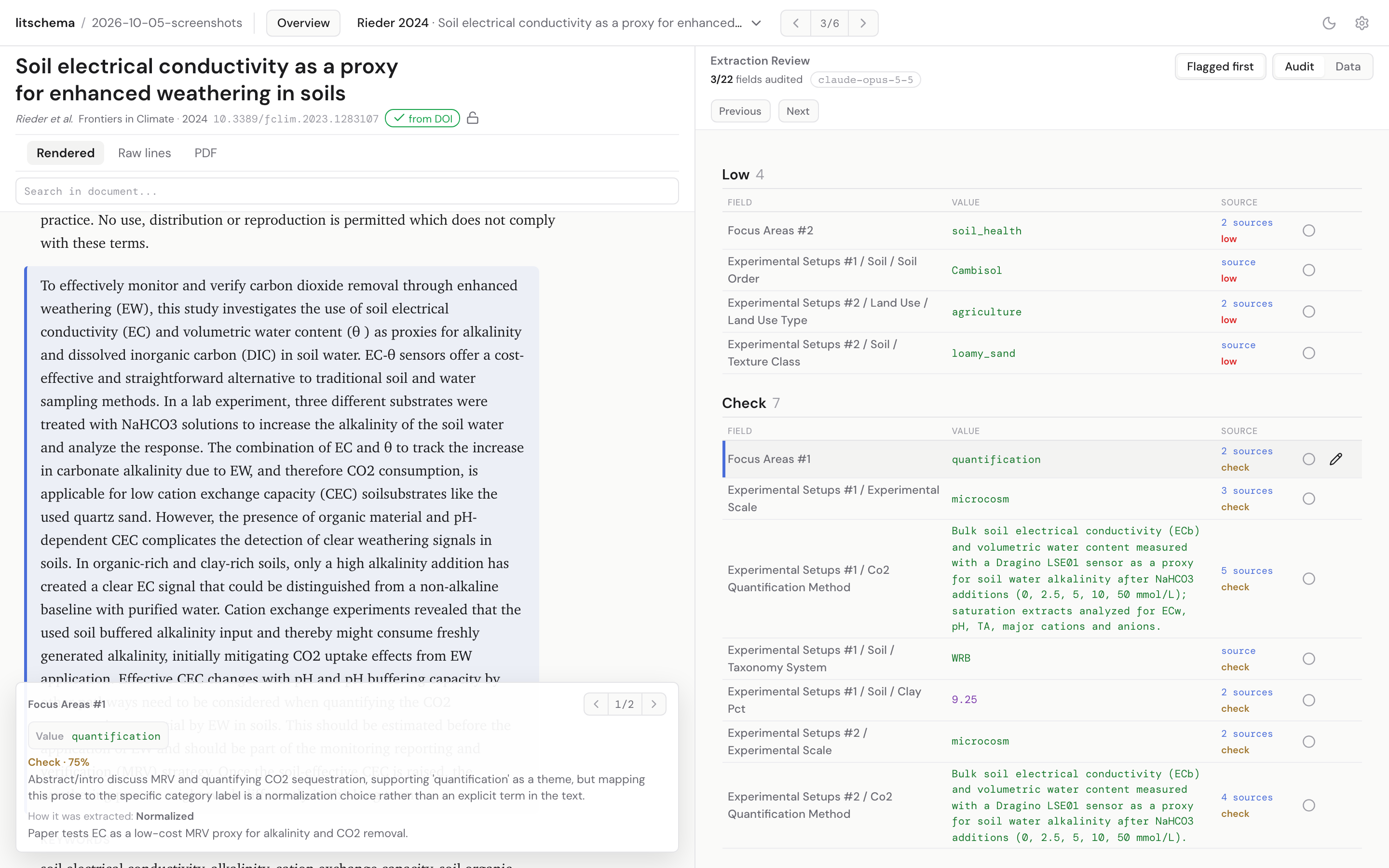 Reviewing one paper: the rendered text with cited lines highlighted, and the extracted fields with the grader's confidence
